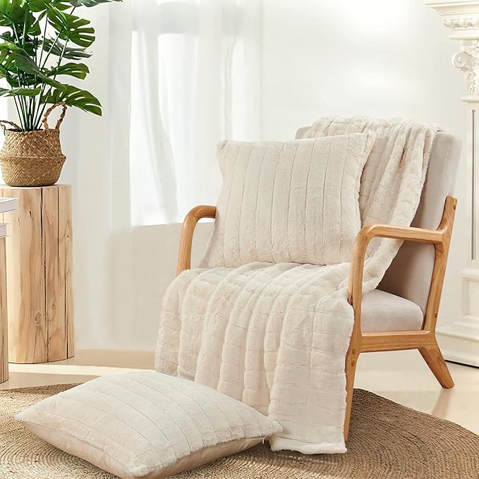 Striped Throw Blanket and Pillow Covers Set (No Inserts) for Couch and Bed, Plush Warm Lightweight Fuzzy Faux Fur Blanket for All Seasons (50" x 60", Cream)