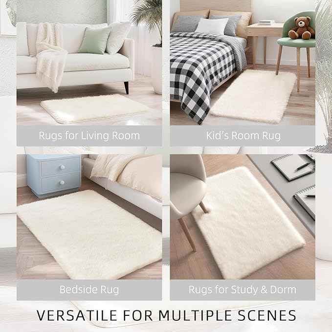 Fluffy Cream Rug Small 2x3 Area Rugs for Bedroom Living Room, Non-Slip Ultra Soft Area Rugs for Pet, Kids Room, Girls Room, Dorm, Study, Office, Entryway, Playroom, Easy Clean,Modern Carpet