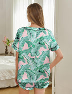 Silk Pajamas for Women Short Sleeve Satin 2 Piece Pj Set Soft V Neck Sleepwear Loungewear, S-XXL