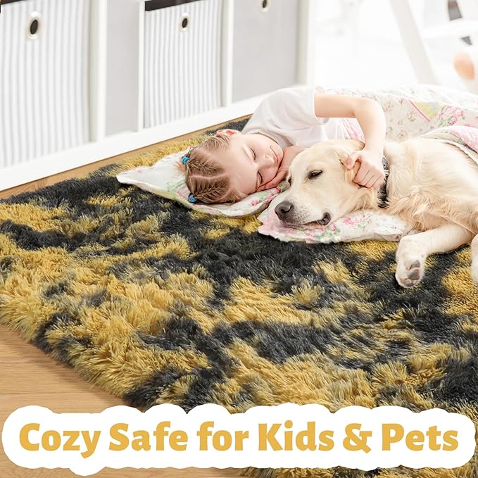 Amdrebio Black Gold Yellow Grey Rugs for Bedroom Living Room Decor, Fluffy Furry Fuzzy Shaggy Area Rug 5x7 for Kids Room Dorm Home Office, Modern Cool Leopard Cheetah Shag Carpet for Teen Boys Men