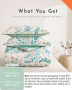 ALEISSEL Botanical Cotton Comforter Queen Size 3Pcs - Cute Garden Floral Design with Green Leaves & Coral and Pink Flowers,Sage Striped Reverse,Lightweight Reversible Bedding Sets(Full/Queen,90"×90")