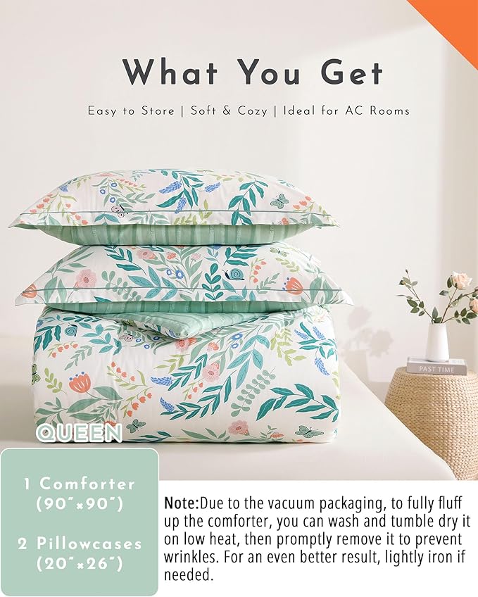 ALEISSEL Botanical Cotton Comforter Queen Size 3Pcs - Cute Garden Floral Design with Green Leaves & Coral and Pink Flowers,Sage Striped Reverse,Lightweight Reversible Bedding Sets(Full/Queen,90"×90")