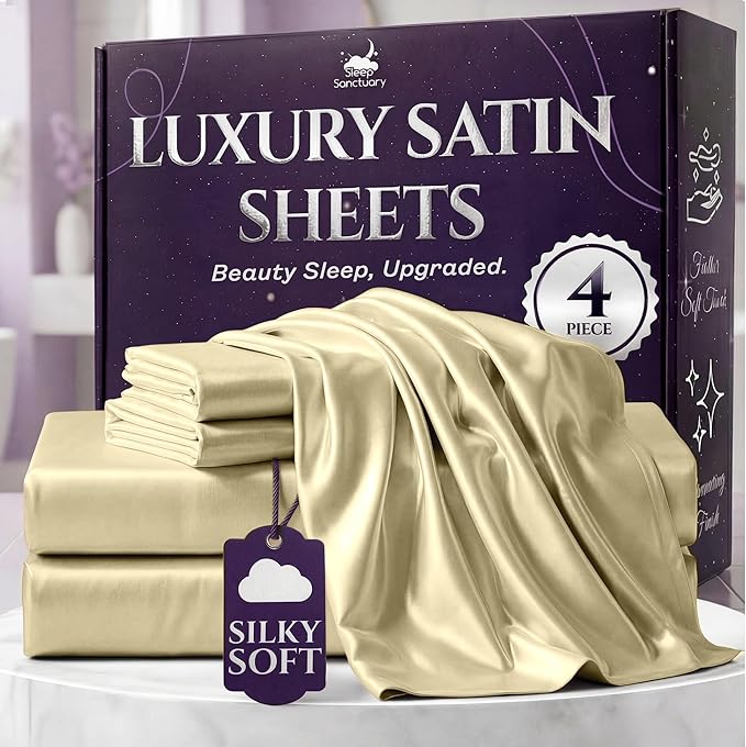 SLEEP SANCTUARY Satin Sheets Queen Size – 4 Piece Luxury Silky Bed Set, Softer Than Silk, 15" Deep Pocket, Cooling & Wrinkle-Free, Moisture-Wicking & Breathable for Hair & Skin (Champagne)