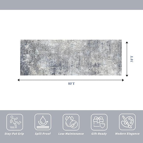 3x8 Washable Hallway Runner – Non-Slip Abstract Modern Neutral Wide Carpet Runner for Kitchen Floor, Entryway, Bedroom, Living Room – Soft Low-Pile Thin Rubber Backing（Blue Gray,3x8）
