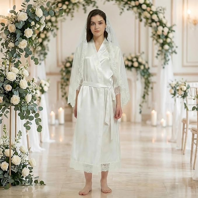 Long Satin Robes for Women Ankle Length Kimono Robes Silky Bridal Party Robes with Lace Trim Bridesmaid Loungewear Sleepwear