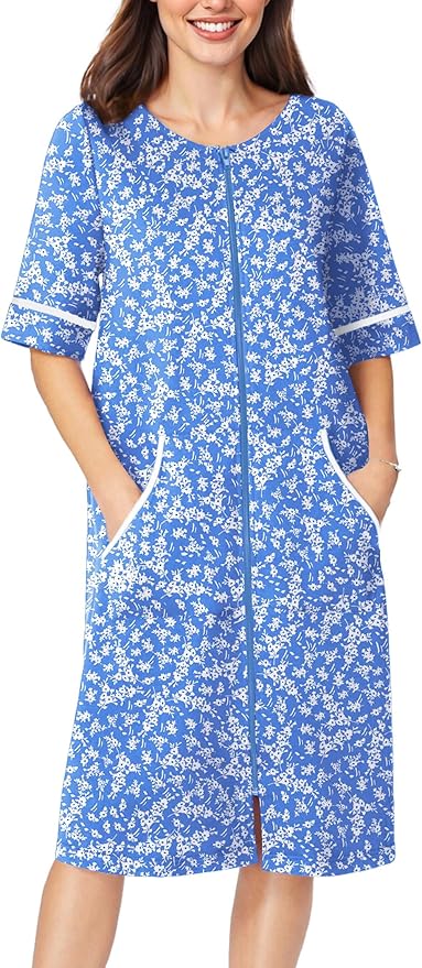 Ekouaer Women Zipper Robe Short Sleeve Duster Housecoat Short Bathrobes Zip Front Nightgown with Pockets S-3XL
