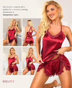 RSLOVE Women Pajama Set Sleepwear - Satin Pajamas Silk V Neck Cami and Shorts Pjs 2 Piece Womens Sexy Lace Lounge Nightwear
