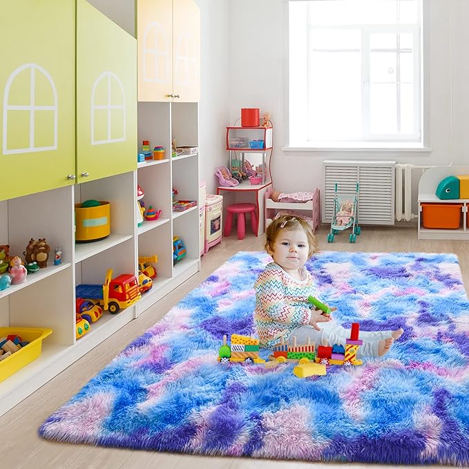 Noahas 5x8 Fluffy Rainbow Rug for Girls Bedroom,Soft Blue and Purple Tie-Dyed Kids Room Rug,Shaggy Area Rugs for Living Room,Fuzzy Colorful Playroom Nursery Rugs Room Decor