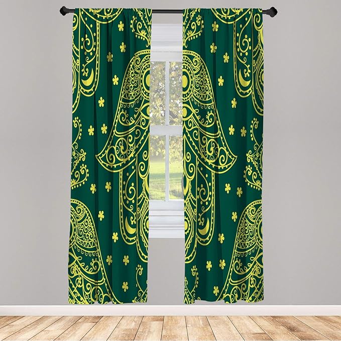 Lunarable Hamsa Window Curtains, Egyptian Boho Hand Shape Pattern Eye Design Bridal Night Inspired Art, Lightweight Decorative 2-Panel Set & Rod Pocket, Pair of - 28" x 63", Pastel Yellow