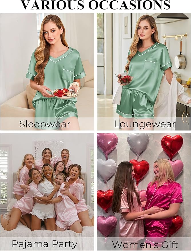Silk Pajamas for Women Short Sleeve Satin 2 Piece Pj Set Soft V Neck Sleepwear Loungewear, S-XXL