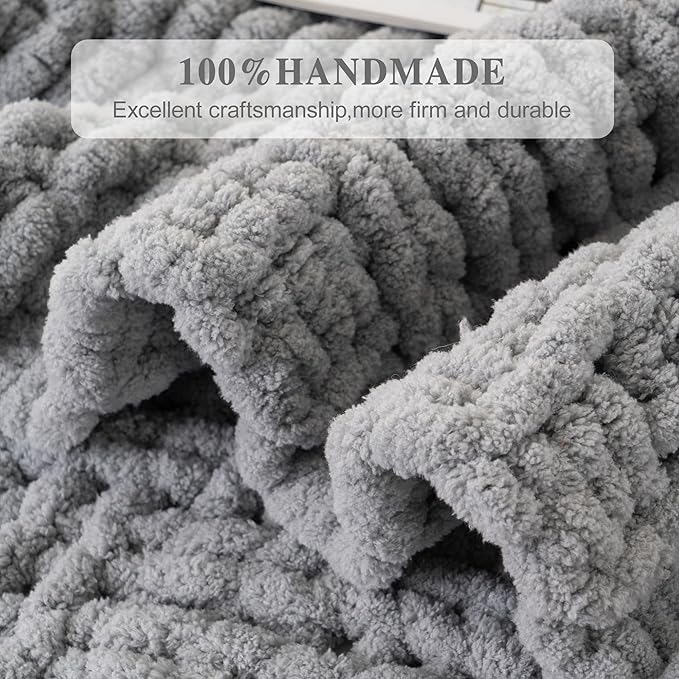 Bunnikins & Clover Chunky Knit Throw Blanket for Couch, Light Grey Throw Blanket for Home Decor, Handmade Chenille Cable Knit Throw Crochet Blanket, 50"x60"