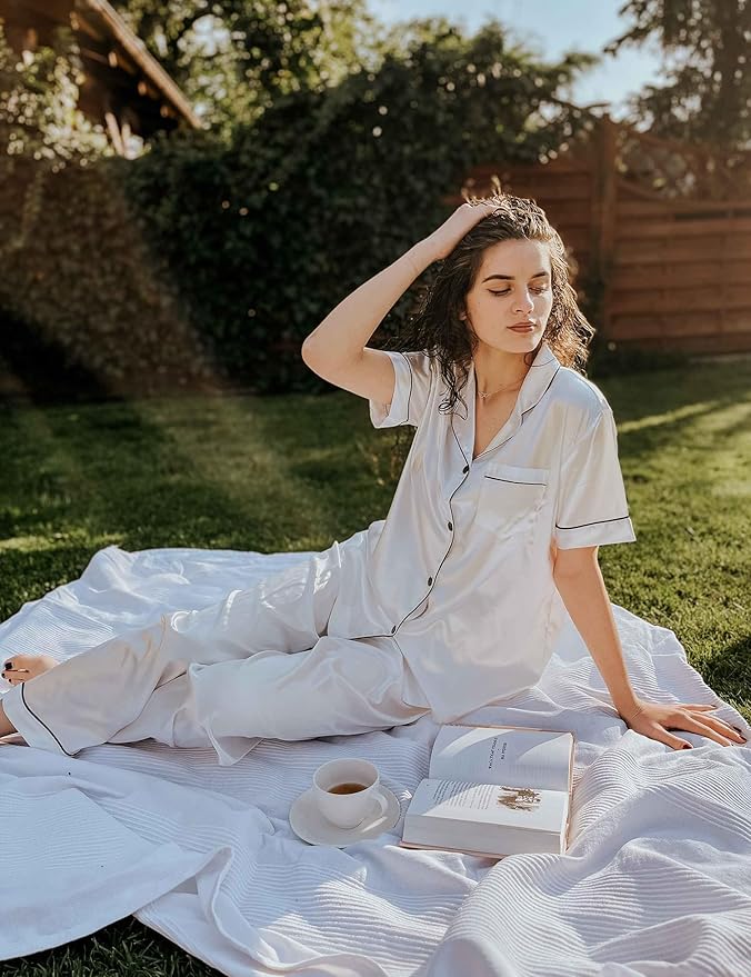 SWOMOG Women Satin Pajamas Set Short Sleeve Top & Pants Sleepwear Silky Button Down Nightwear 2pcs Loungewear Pjs Set