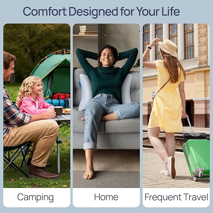 Cooling Shredded Memory Foam Travel & Camping Pillow Large, Adjustable College Dorm Pillow for Home-Like Comfort,Compressible Portable & Medium Firm Neck Support, Ideal Sleeping, Car, Airplane