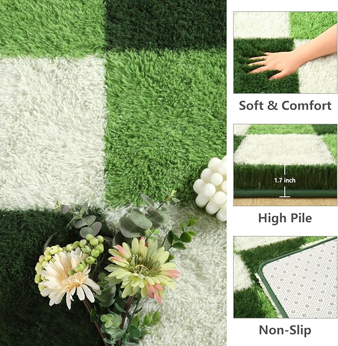 Shag Area Rug, 5x7 ft Deep Green White Fluffy Rugs for Bedroom Living Room, Soft Shaggy Modern Indoor Carpets, Cute Plush Rugs for Kids Girls Room Nursery, High Pile Throw Rug for Home Decor