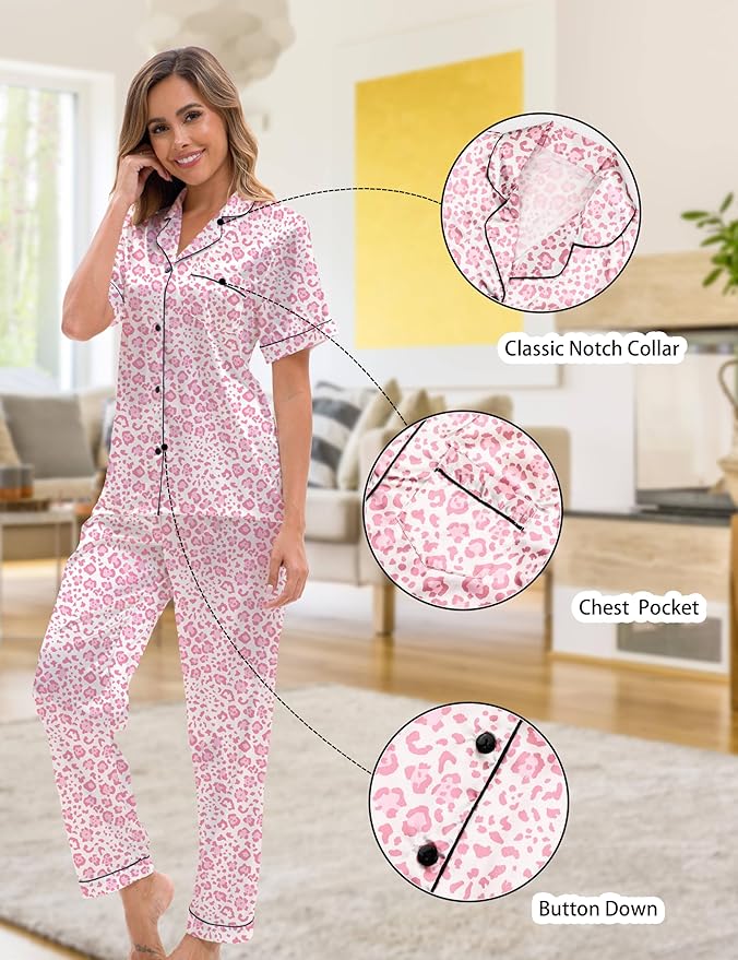Silk Satin Pajama Set for Women 3-piece Short Sleeve Pajama with Pants Ruffle Shorts Cute Pj Set Button Down Sleepwear