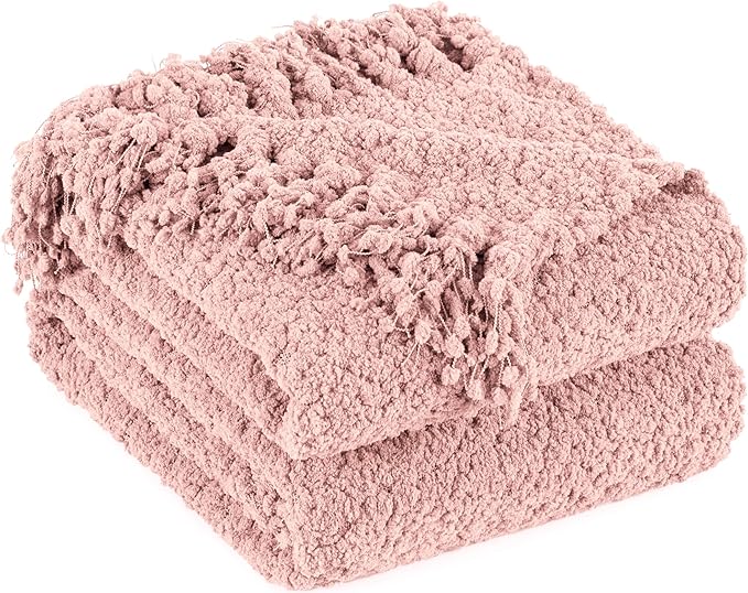 Throw Blanket for Couch, Dusty Pink Luxury Knitted Throws 60"x80", Textured Blankets with Handmade Fringe Tassels for Bed Sofa Decorative, Chunky Soft Farmhouse Boho Home Decor