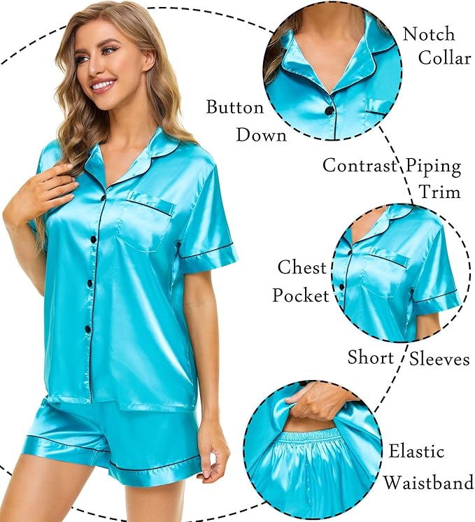 SWOMOG Womens Silk Satin Pajamas Set Short Sleeve Sleepwear Button Down Top and Shorts Loungewear 2 Piece Pjs Set XS-3XL