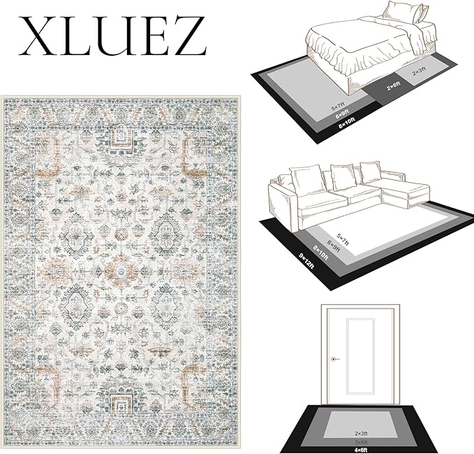XLUEZ Area Rug 10x14 Living Room Rugs, Machine Washable Vintage Distressed Boho Area Rug Non-Slip Soft Low Pile Large Indoor Rugs for Bedroom Kitchen Dining Room Office(Brown Green,10'x14')