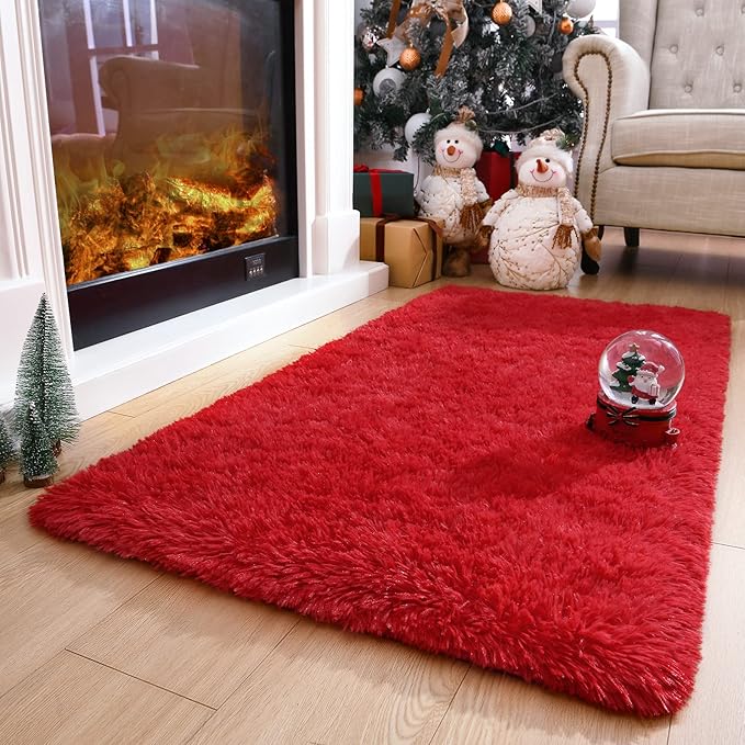DETUM Red Shaggy Runner Rug 2x4 Fluffy Hallway Runners for Bedroom Bedside Soft Rugs for Kids Room Non-Slip Nursery Office Dorm Washable Carpets Home Decor