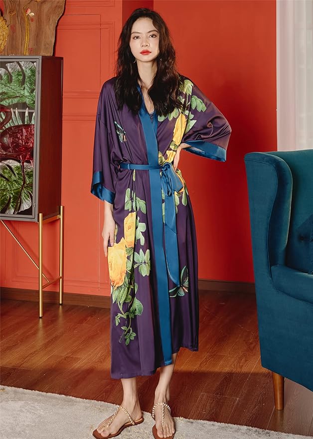Kihnop Women's Floral Long Kimono Robe Long Satin Robe Long Silk Robe Ladies Kimonos Silky Bathrobe Cover Up, One Size