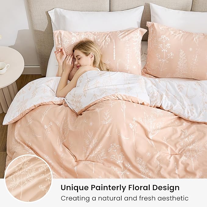 Love's cabin Pink Twin Comforter Set - Twin XL Size Comforter Set Dorm Bedding, 2 Pieces Cute Floral Bedding, Reversible Flowers Comforter, 1 Comforter & 1 Pillow Sham
