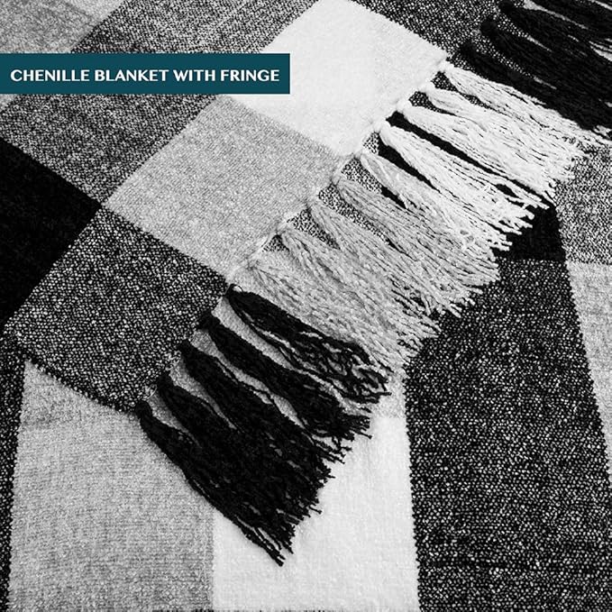 PAVILIA Plaid Blanket, Soft Throw Blanket for Couch Sofa, Knit Chenille Throw Blanket for Twin Size Bed, Living Room Decor Woven Knitted Decorative Blanket, White Black Gray Buffalo Check 60x80in