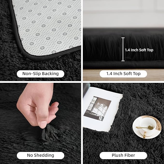 Litanika 5x8 Shag Area Rug for Living Room Bedroom, Black High Pile Ultra Soft Plush Shaggy Furry Bedside Playroom Dorm Carpet, Non-Slip, Non-Shedding Modern Indoor Floor Rug