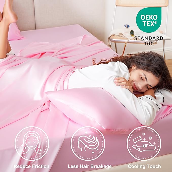 Love's cabin Satin Full Sheets Set - 6 Piece Pink Silky Bed Sheets Set with Deep Pocket, Luxury Silk Feel Satin Full Size Sheet Set (1 Flat Sheet, 1 Fitted Sheet, 4 Pillow Cases)