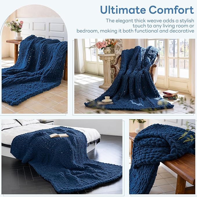 Chunky Knit Blanket - Luxury Soft Cozy 40 * 50 Throw Blanket,100% Woven Blanket Rope Knot Throw Blanket for Couch, Sofa, Home Decor, Gift - Machine Washable (Deep Blue, 40 * 50)