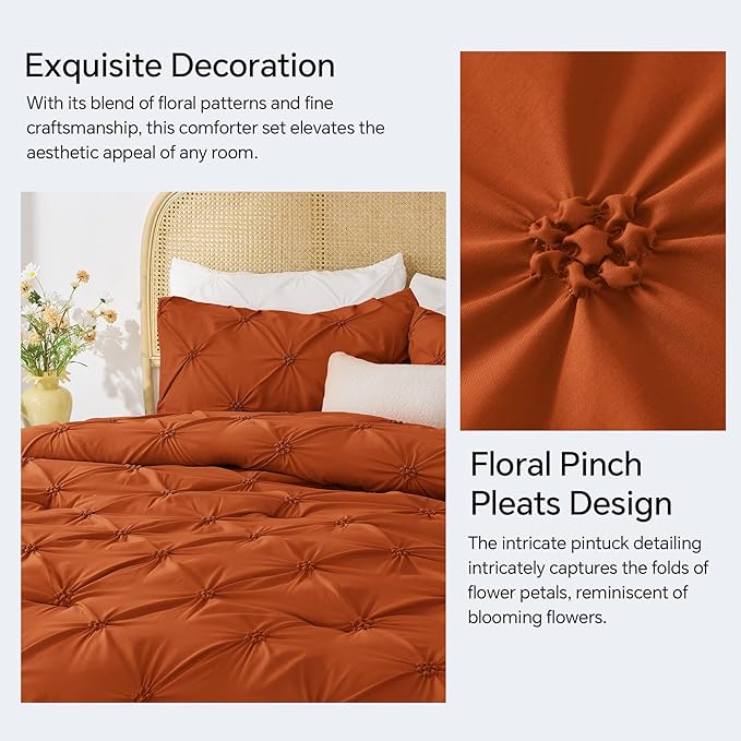 BEDELITE Burnt Orange King Size Comforter Set - 3 Pieces Boho Pintuck Bedding Comforter Sets, Lightweight Soft & Warm King Bedding Set with 2 Pillowcases for All Season