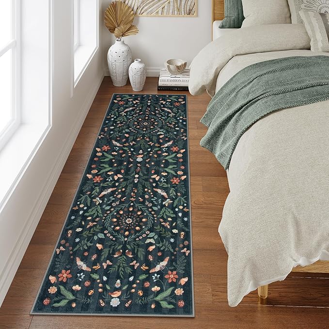 Lahome Insect Botanical 2'6"x8 Washable Black Hallway Runner Rug,Kitchen Runner Rugs Non Skid Bathroom Carpet Runners,Soft Non-Slip Indoor Rug Runners for Entryway Laundry Bedroom(Black,2'6"x8)