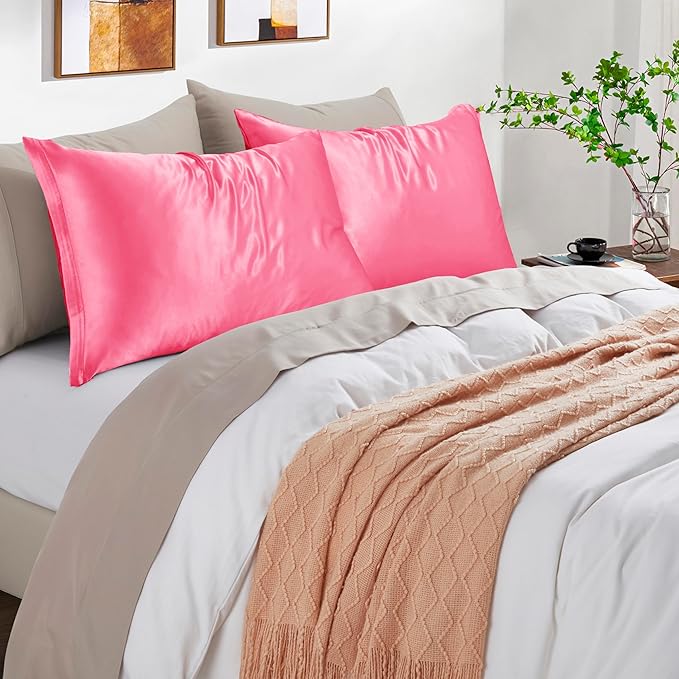 Peach Red Satin Pillowcases with Zipper （20x36）,King Size Pillowcases Set of 2,Peachblow Silk Pillowcase for Hair and Skin
