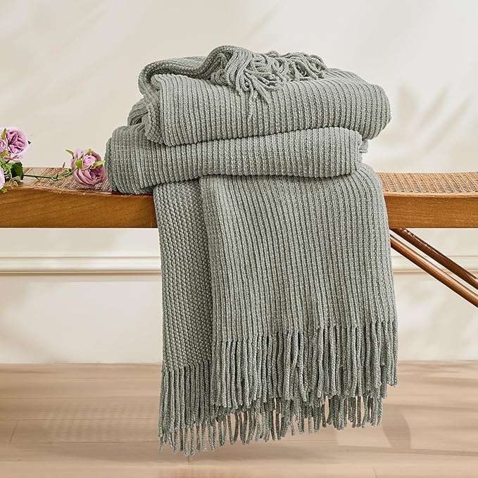 inhand Throw Blanket for Couch Bed,Chunky Chenille Woven Soft Blankets with Tassels,Cozy Boho Farmhouse Fall Winter Decor,Warm for Women,50"x60",Medium Thick-Light Grey