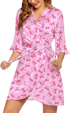 Ekouaer Women's Satin Robe Valentines Lingerie for Women Kimono Bathrobe Short Ruffle Belted Robes Bridesmaids Sleepwear