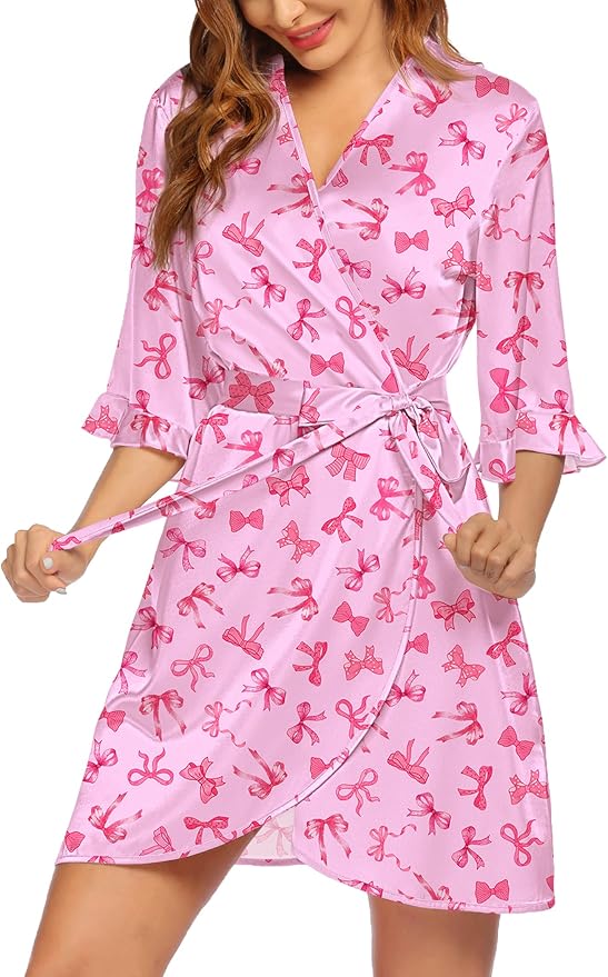 Ekouaer Women's Satin Robe Valentines Lingerie for Women Kimono Bathrobe Short Ruffle Belted Robes Bridesmaids Sleepwear