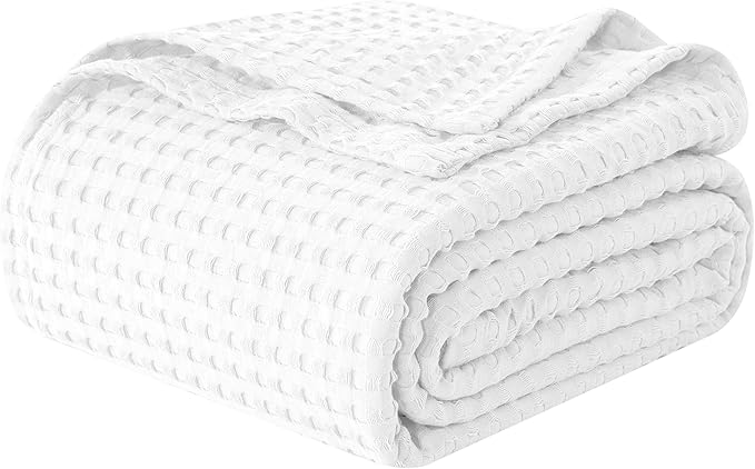 Elegant Comfort Premium 100% Cotton Waffle Blanket - Lightweight Breathable Waffle Weave Bed Blanket - Soft and Warm All Season Blanket for Couch, Sofa and Bed, Queen Size 90x90 Inches, White