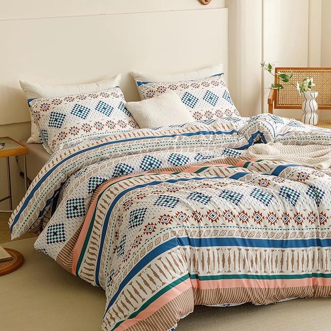 Luxlovery Aztec Comforter Set King Beige Blue Bohemian Bedding Set King Southwestern Exotic Ethnic Rustic Native American Navajo Bedding Set Folkloric Comforter Set Women Men