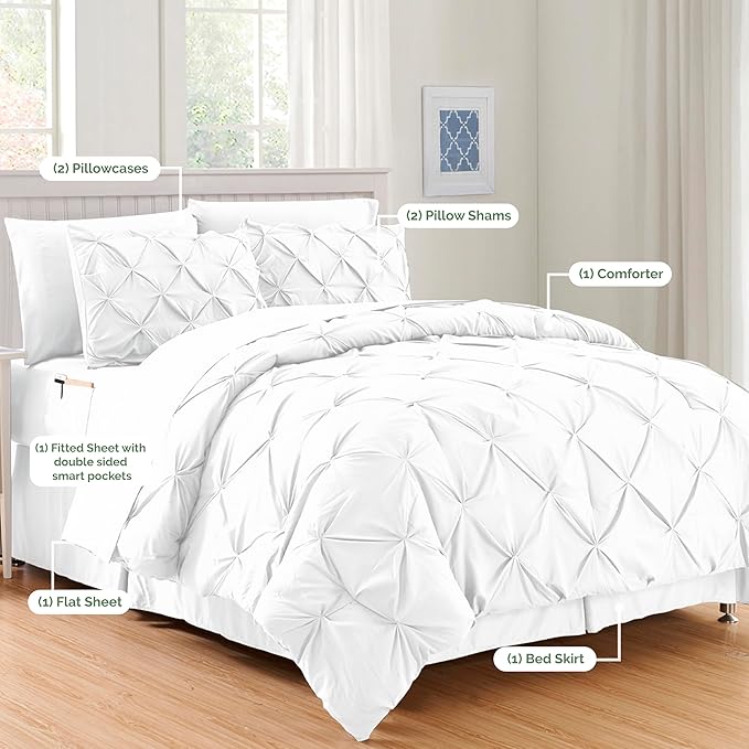 Elegant Comfort Luxury Best, Softest, Coziest 6-Piece Bed-in-a-Bag Comforter Set on Amazon Silky Soft Complete Set Includes Bed Sheet Set with Double Sided Storage Pockets, Twin/Twin XL, White