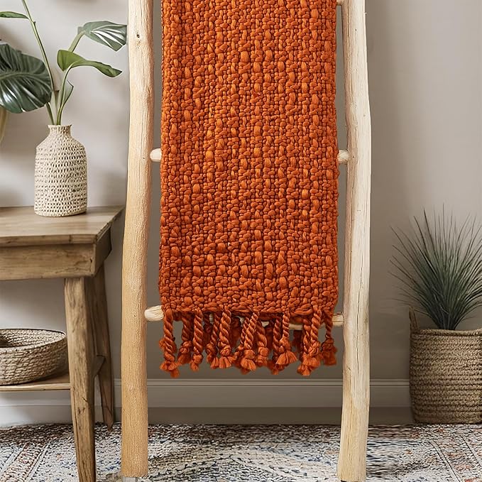 Home Soft Things Chunky Knit Basket Weave Throw Blanket 50"x60" - Boho Soft Microfiber with Braided Tassels - All Season Cozy Decorative Throw for Couch, Sofa, Bed, Indoor & Outdoor - Rust