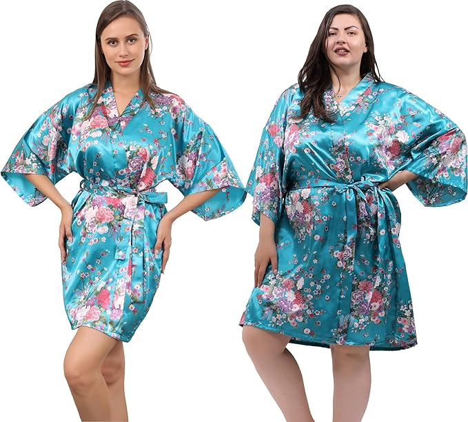 QXQTER Peony Floral Silky Satin Robe Wedding Bridal Party Bride Bridesmaid Robes for Women Dressing Gown Kimono Robe