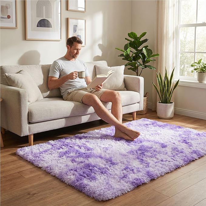 duduta Purple Plush Rugs for Bedroom 4x6 ft, Tie Dye Fluffy Carpet for Living Room, Shag Rug for Kids Room Dorm Nursery Playroom