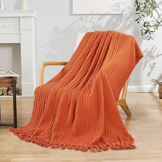 Striped Knit Throw Blanket with Braided Tassels 50" x 60", Hand Knitted Soft Chunky Chain Design Boho Farmhouse Blanket, Solid Color Tassel Decor Throw for Couch Bed Sofa Outdoor, Burnt Orange