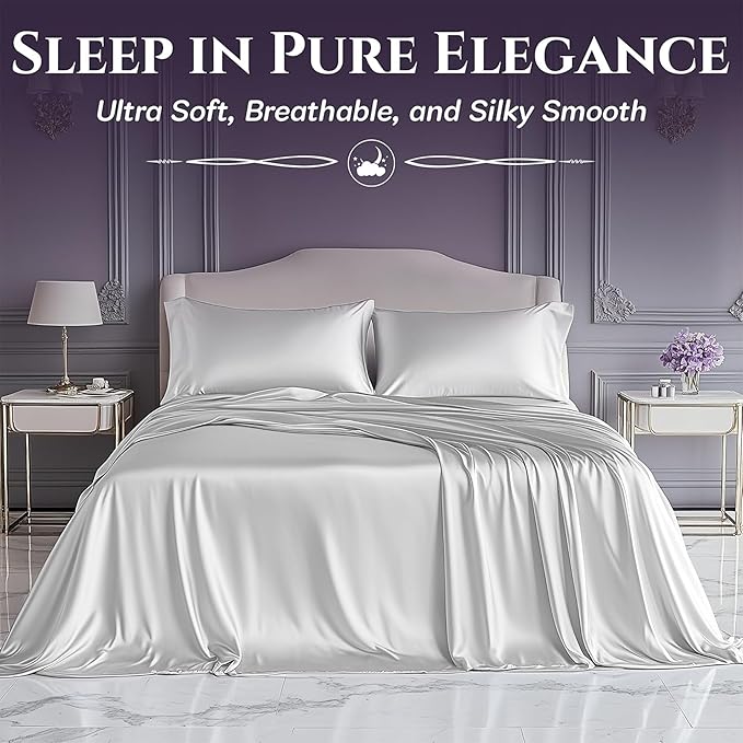 SLEEP SANCTUARY Satin Sheets Full Size – 4 Piece Luxury Silky Bed Set, Softer Than Silk, 15" Deep Pocket, Cooling & Wrinkle-Free, Moisture-Wicking & Breathable for Hair & Skin (White)