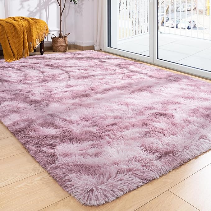 Softlife Area Rug for Living Room, 5x8 Feet Plush Fluffy Rug for Bedroom, Tie-Dyed Pink Purple Shag Rug for Aesthetic Christmas Room Decor, Soft Modern Fuzzy Faux Fur Carpet for Kids Nursery Room Dorm