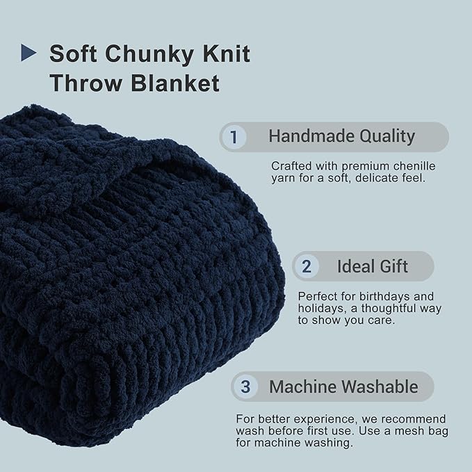 Battilo Navy Chunky Knit Throw Blanket for Couch, Navy Blue Chenille Throw Blanket Super Soft Cozy Thick Warm Cable Knitted Blanket for Bed, Sofa, Living Room, 50"x60"
