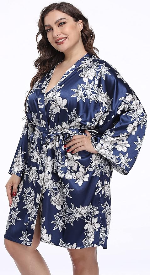 Women's Plus Size Satin Kimono Robes Short Silk Bathrobe Bridesmaid Wedding Party Nightgown Sleepwear
