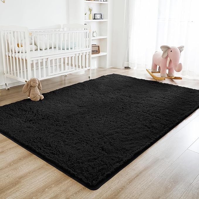 Litanika 8x10 Shag Area Rug for Living Room Bedroom, Black High Pile Ultra Soft Plush Shaggy Furry Bedside Playroom Dorm Carpet, Non-Slip, Non-Shedding Modern Indoor Floor Rug
