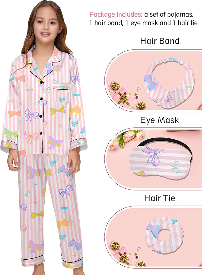 EPLAZA Kids Satin Pajamas Sets Girls Boys Button-Down Silky Pajamas Sleepwear with Hairband Eye Mask Hair Tie