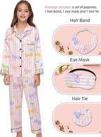 EPLAZA Kids Satin Pajamas Sets Girls Boys Button-Down Silky Pajamas Sleepwear with Hairband Eye Mask Hair Tie