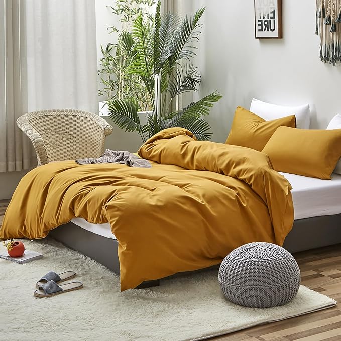 Luxlovery Mustard Yellow Comforter Set Full Dark Yellow Bedding Sets Full Size Ginger Quilts Blanket Comfy Lightweight Cozy Solid Color Comforter Set for Women Men